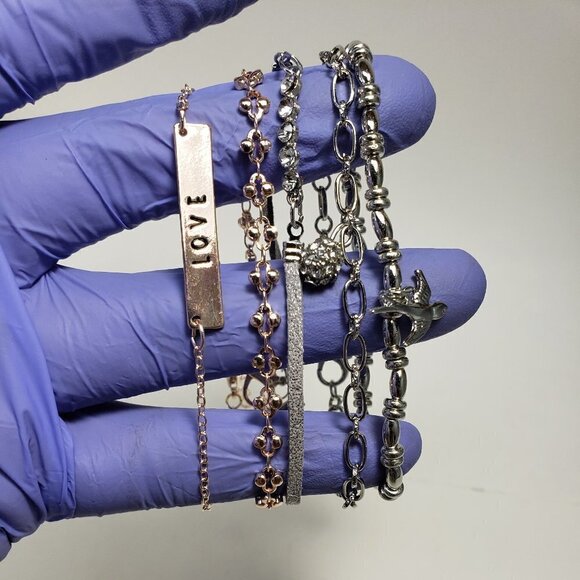 Set of 5 Bracelets: Rose Gold-tone, Gold-tone, Leather, and Silver-tone & Charms - Picture 1 of 5